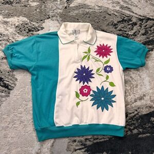 Blast Polo Top Womens Small Petite Teal White Floral‎ Embroidered Ribbed VTG 80s
